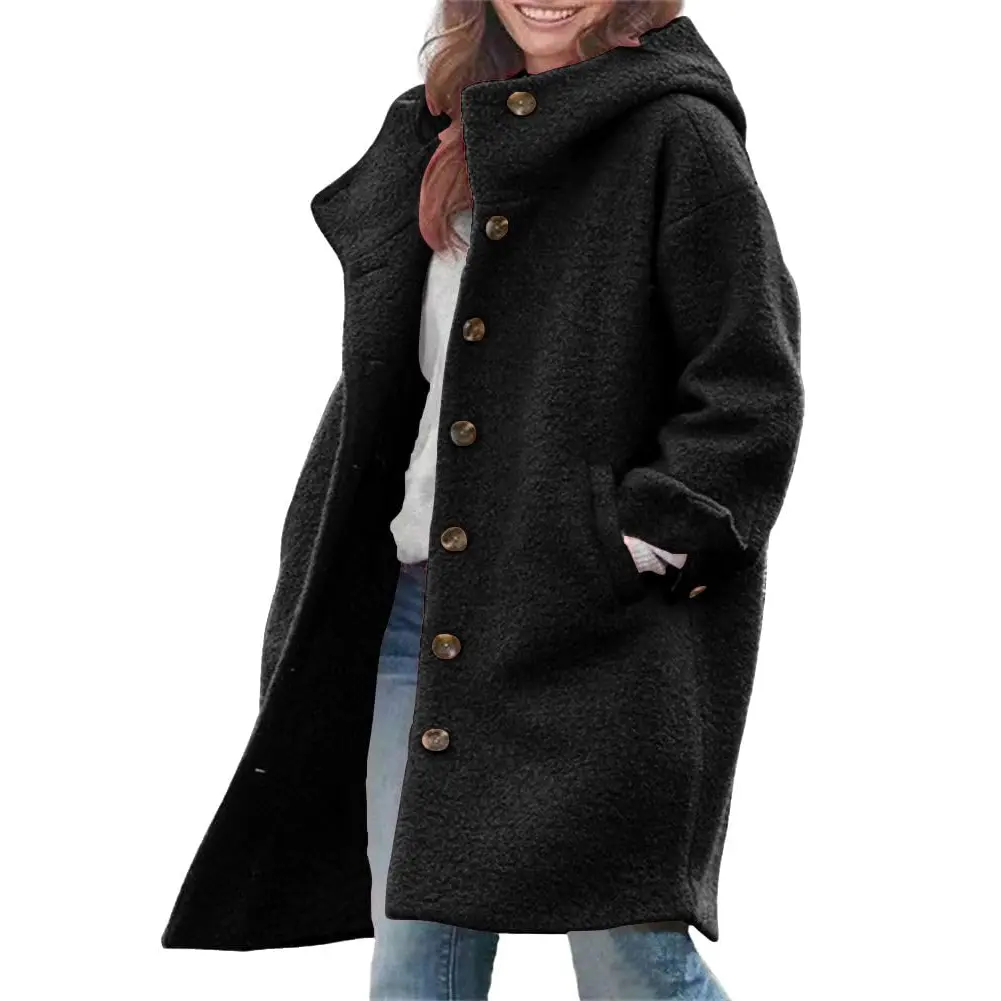 Chouyatou Women's Winter Wool Blend Hooded Jacket - Long Sleeve, Single-Breasted, Casual Long Trench Coat, Tops, Baggy, School, Church, 2 Side Hand Entry Pockets, Windproof Hood, Button, Vintage