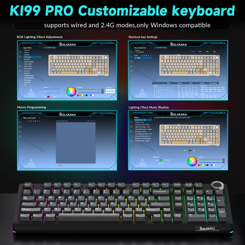 SOLAKAKA KI99 Pro Silent Wireless Mechanical Keyboard Feather Switch Hot Swappable RGB Backlit Gasket Structure Tri-Mode Gaming Keyboards BlackBlue