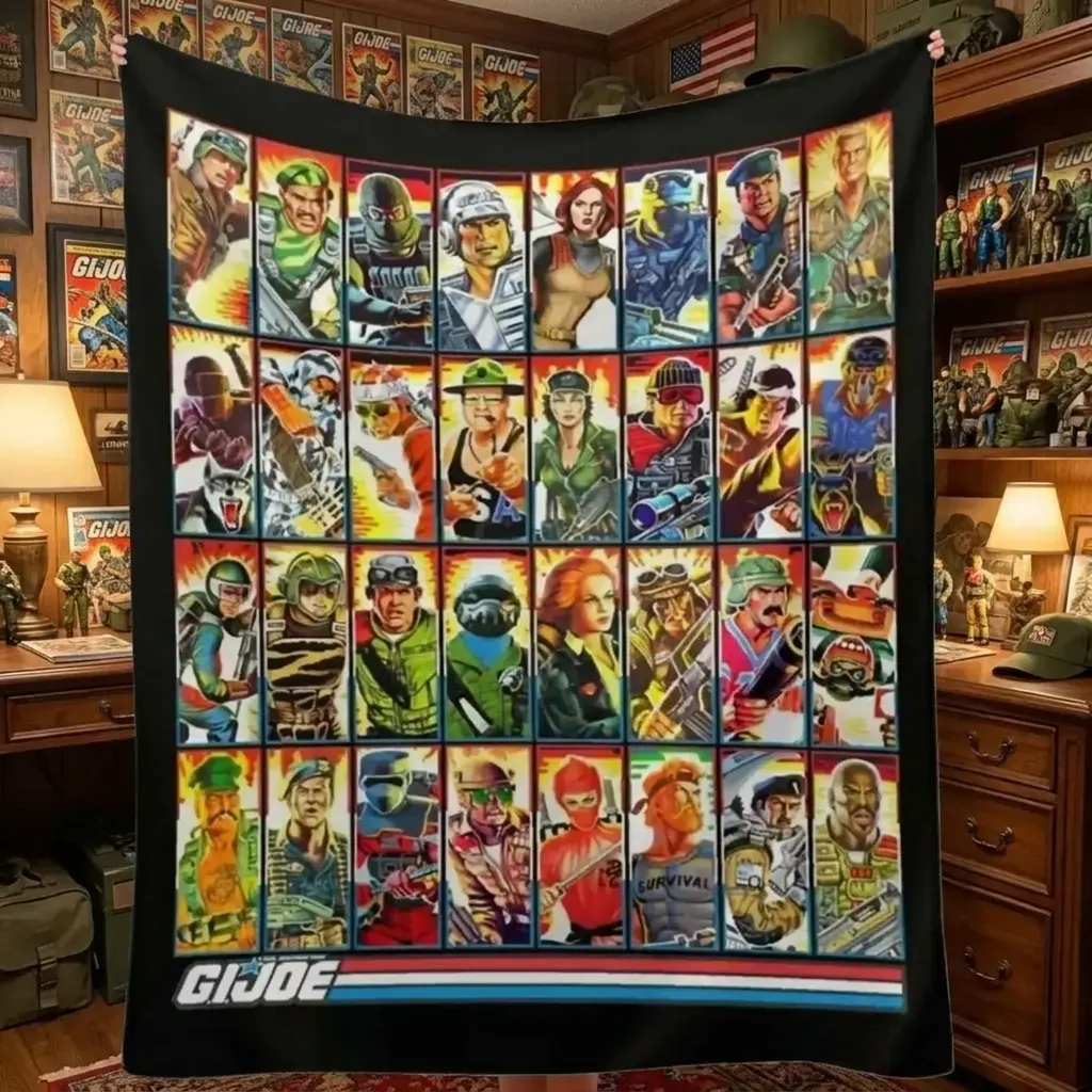 GI Joe Inspired Flannel Blanket 80s Retro Action Hero Military Comic Throw Blanket Soft Warm Blanket for Bedroom Couch Sofa Dorm Gamer Room Decor Birthday Christmas Gift for Fans Vintage Aesthetic Style
