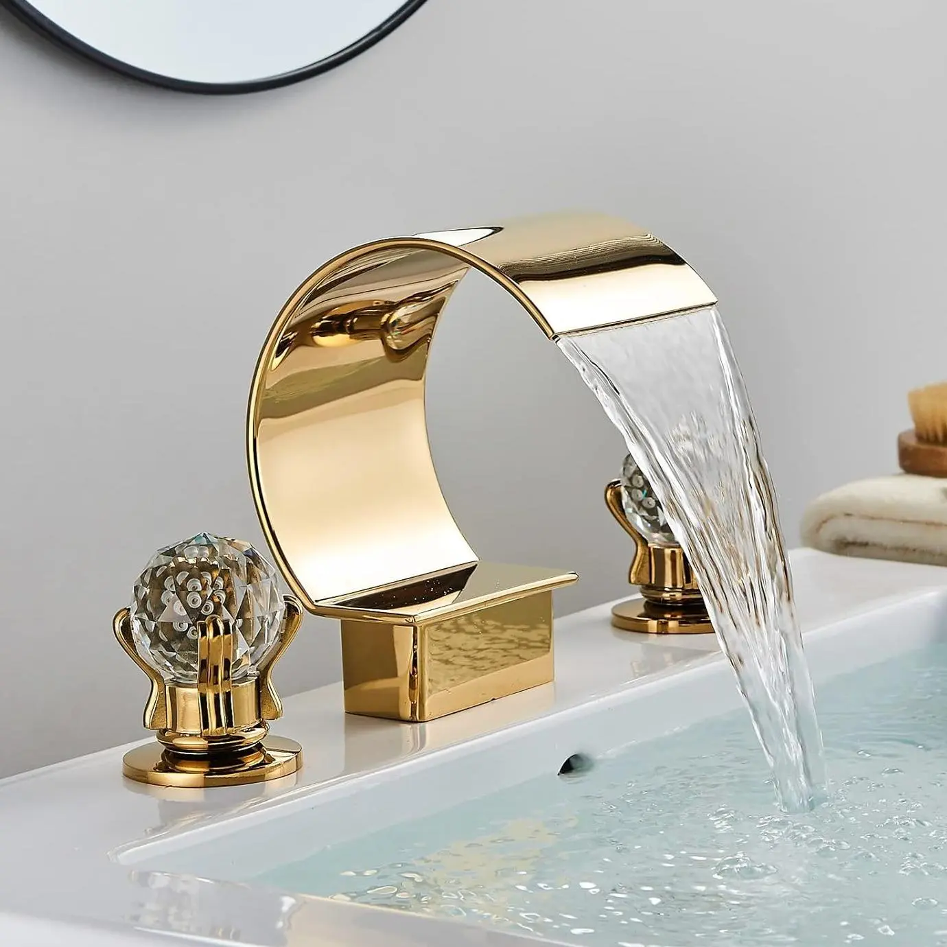 Widespread 3-Hole Mount Bathroom Sink Faucet, Double Crystal Handle Decorative Bath Faucet with Hot & Cold Supply Lines, Available in Black, Gold & Silver Finishes, Double Handle Faucet