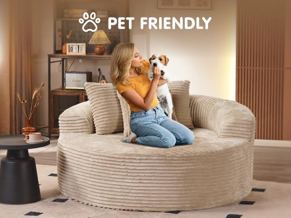 【2 Packages Shipping】Ovios 49" W Boneless Chaise Lounge and 59" W Oversized Round Sofa Bed - Sectional Sofa Set with Flexible Configuration, Plush Corduroy Fabric,No Assembly Required, 5 Pillows included