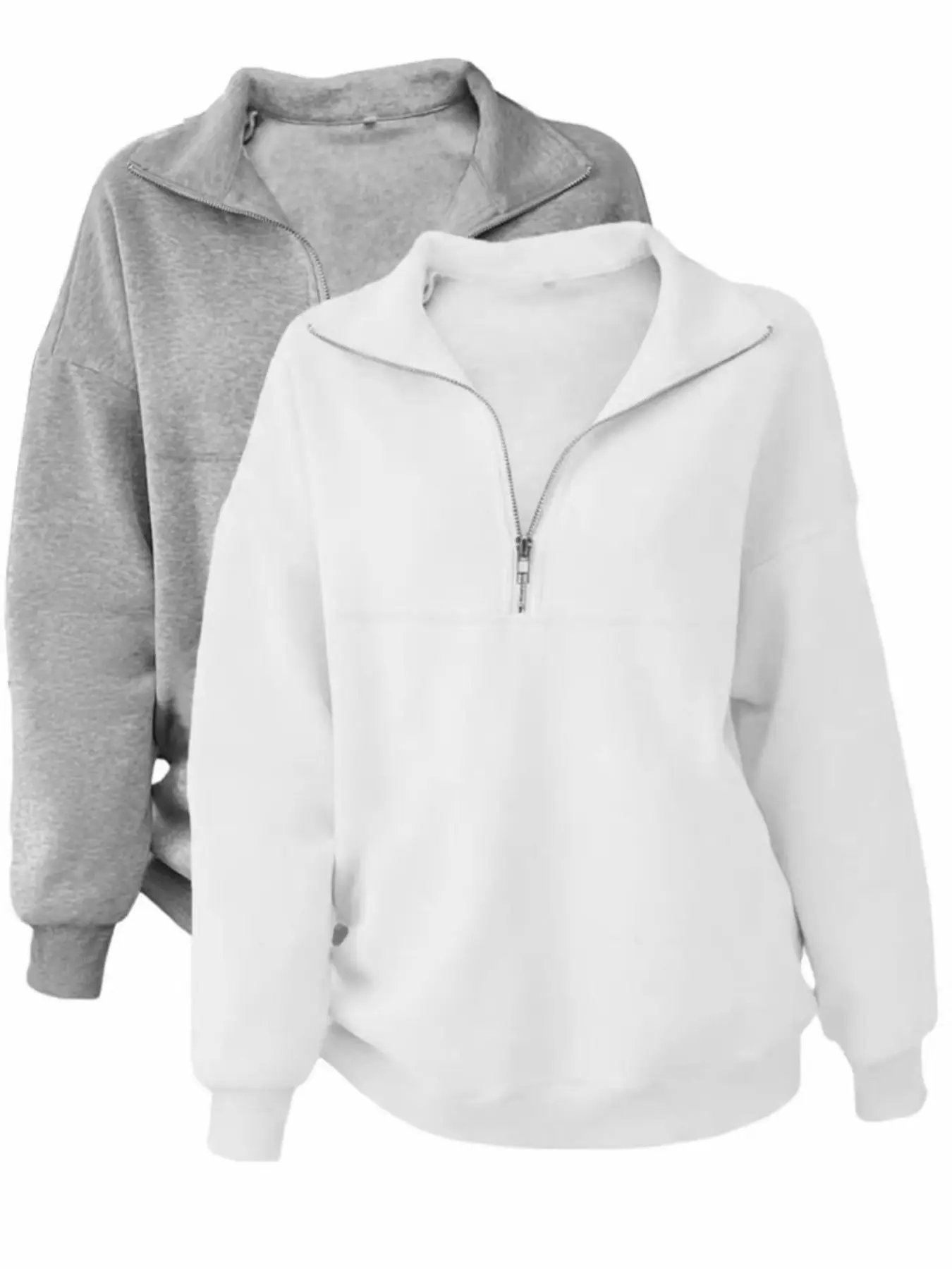 Women's Casual Loose Fit Long Sleeve Pullover Sweater Set, Fall & Winter Solid Plain Round Neck Half Zip Up Top, Daily Wear