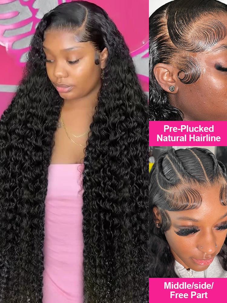 36 38 Inch Deep Wave 13x6 HD Lace Frontal Wig for Women Pre-plucked 180% Density Curly Natural Black Human Hair Wigs 13x4 Lace Frontal Curly Wig Melted Hairline