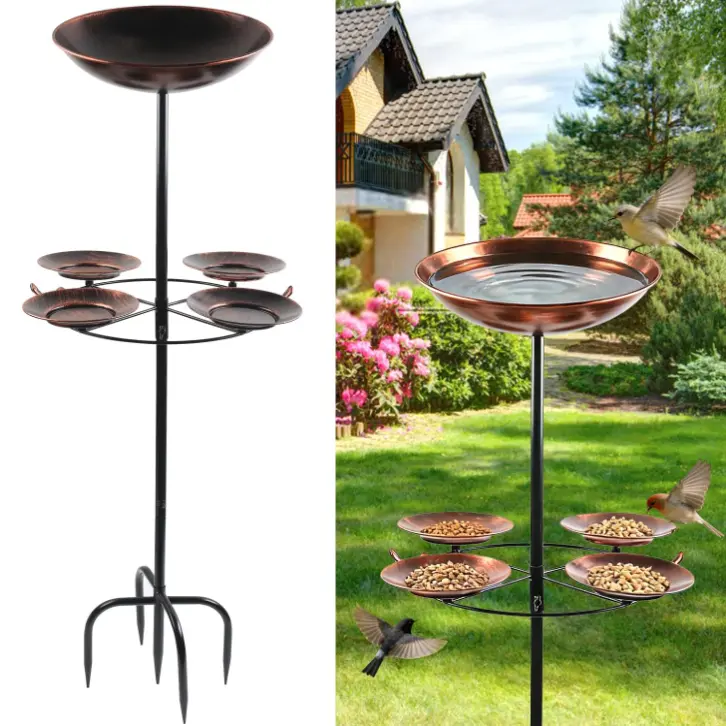 Deep High Metal Bird Bath with 4 Outdoor Bird Feeders, 2-in-1 Bird Bath and Drinking Bowl, Retro Stand-Up Bird Bath with Sturdy Post, Suitable for Garden, Courtyard, and Lawn Decoration