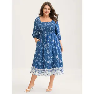 【Summer Turn-Up】【Pocket Approved】 Bloomchic Rosy Print Shirred Bust Pockets Midi Dress 2026 Summer Pick for Mother's Day