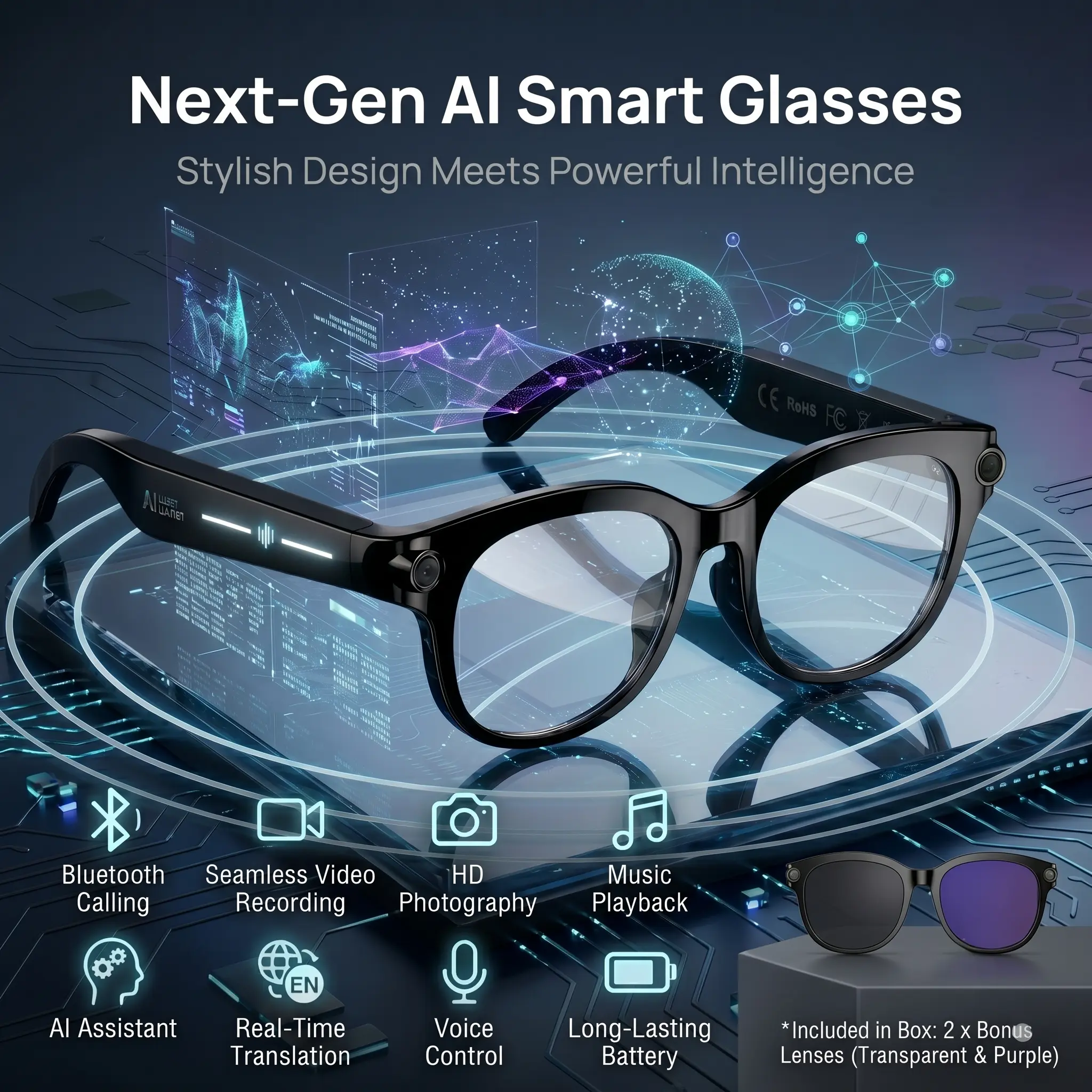 Smart AI Glasses with 8MP HD POV Camera - Button Touch Adjustment, Hands-Free Photography, Real-Time Multi-Language Translation, Bluetooth Wireless Video Recording, Portable Wearable  - Ideal for Vlog,Travel, Outdoor,Sport, Father's Day Gift