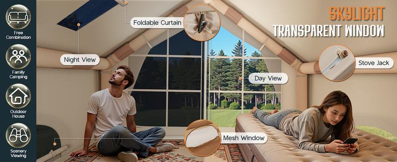 AMERLIFE Inflatable Tent for Camping, Large Blow Up Tent with Easy Setup Pump, Skylight, Stove Jack, Doors, Waterproof Oxford Outdoor Cabin, Ideal for Family, Emergency Shelter, Glamping
