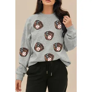 Sequin Baseball Patched Casual Sweatshirt: Gray