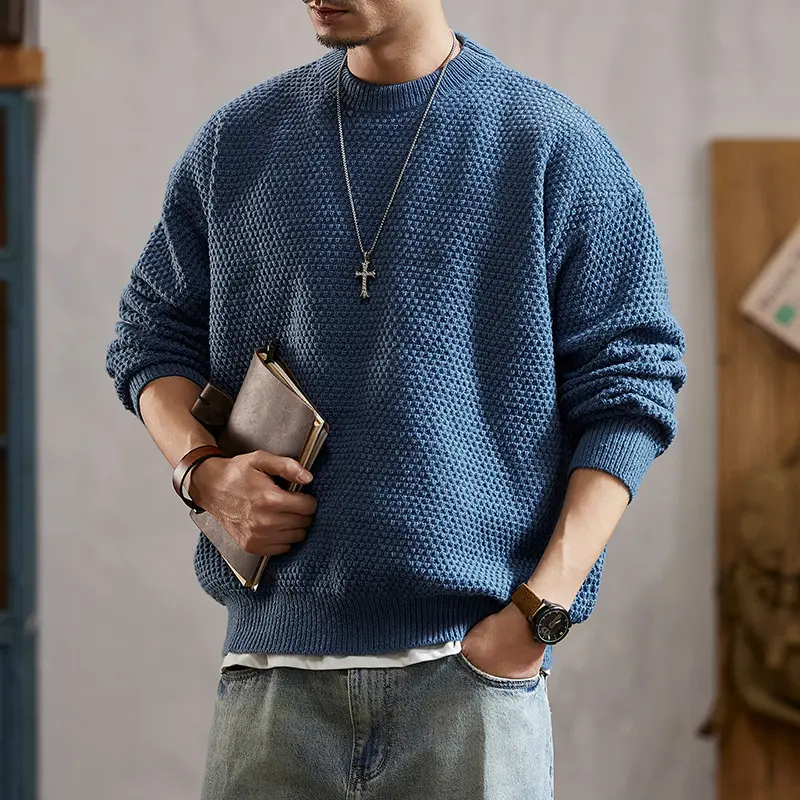 Men's Solid Color Vintage Pineapple Pattern Coarse Wool Crew Neck Pullover Sweater,Suitable for Autumn and Winter Daily Wear,  Exquisitely Simple and Stylish Men's Knitwear Base Shirt, College Style Elegant Outfit, Perfect Gift for Men