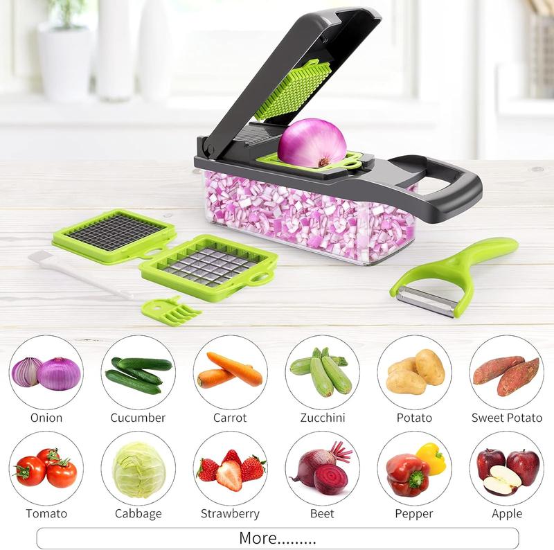 Vegetable Chopper Multifunctional 14-in-1 ABS & Stainless Steel Blades Onion Chopper Slicer Cutter Dicer with 8 Interchangeable Blades Colander Basket Container for Salad Potato Carrot Garlic Easy Clean