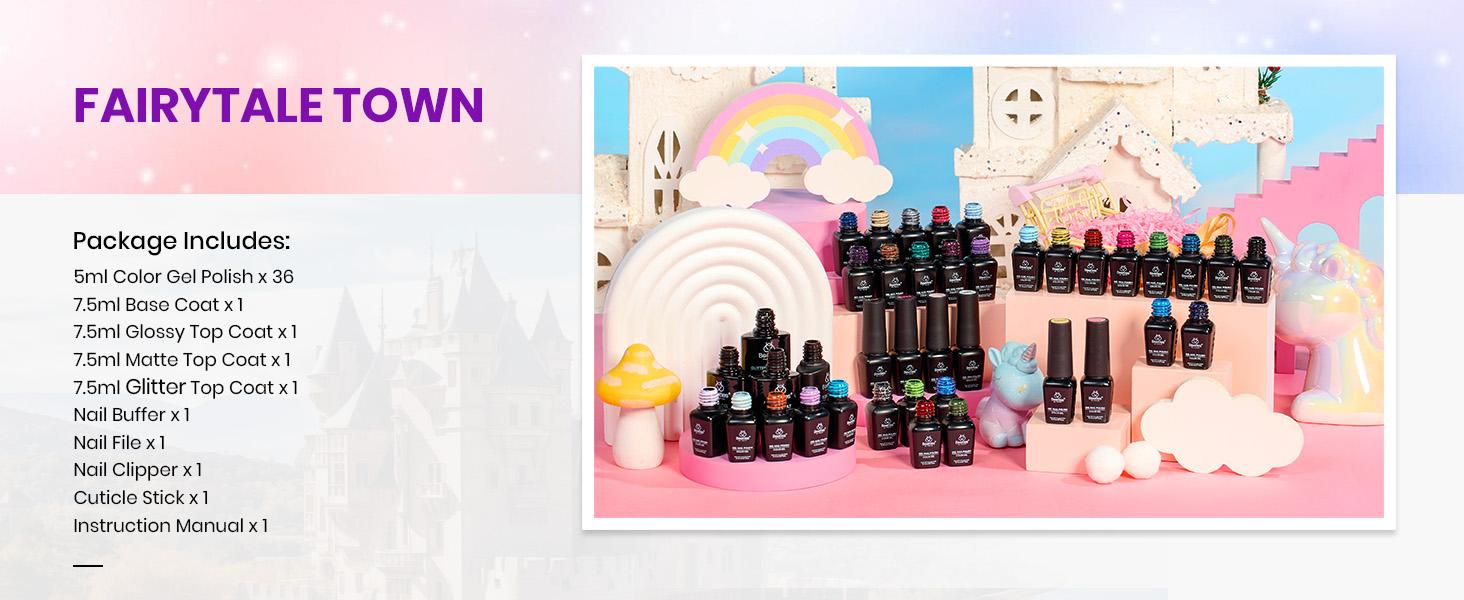 Beetles Gel Nail Polish Set, 44 PCS Red Brown Green Yellow Spring Summer Gel Polish Fairytale Town Collection 36 Colors with 4Pcs Base Top Coat Manicure Cutics   Easter'sGift Cosmetic