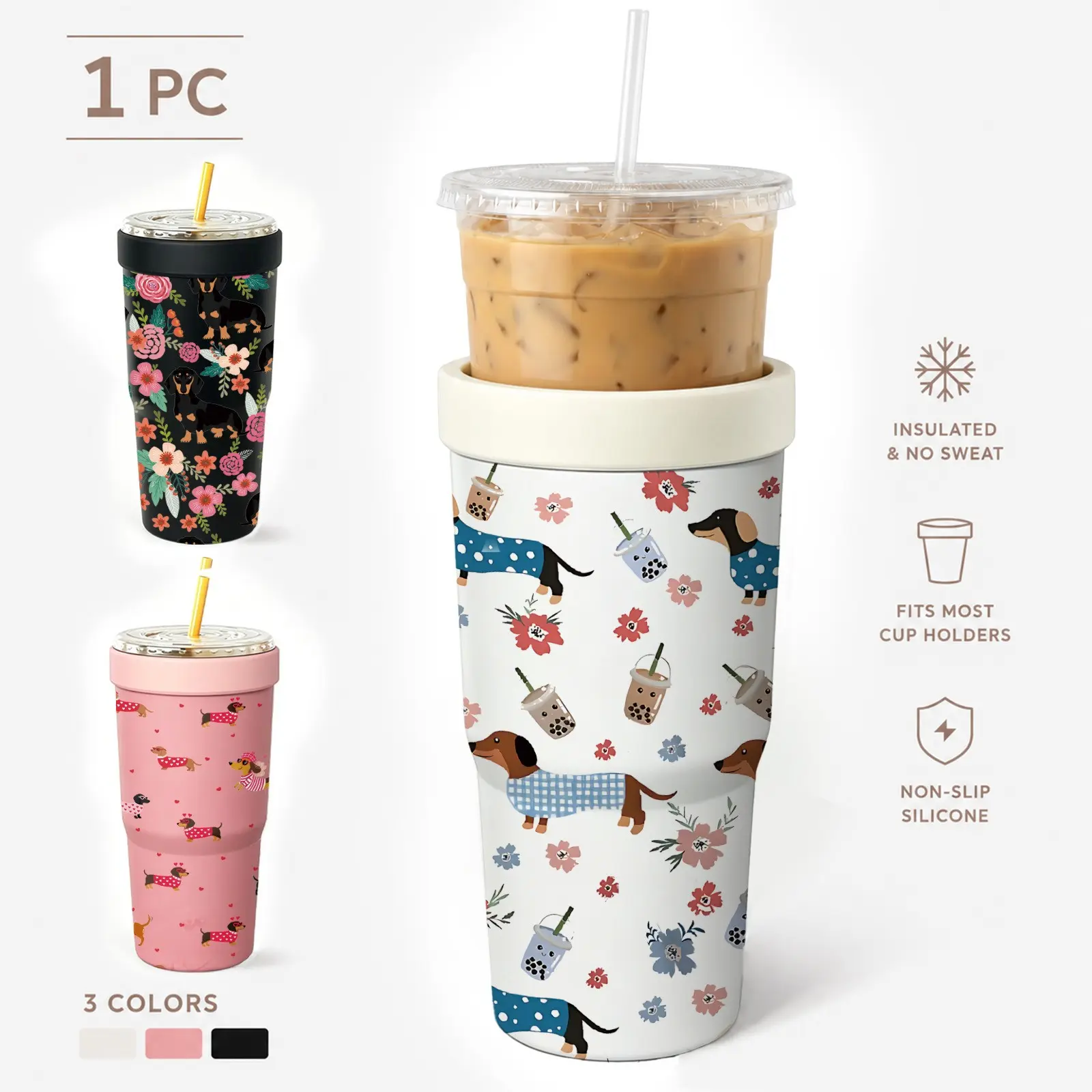 1 PC Dachshund Floral Boba Print 2-in-1 Insulated Can Cooler, Includes Tumbler Lid, Converts to Travel Tumbler, Double Wall Vacuum Stainless Steel, Fits Most 16-24oz To-Go Coffee & Bubble Tea Cups, Perfect for Halloween, Christmas & Daily Use