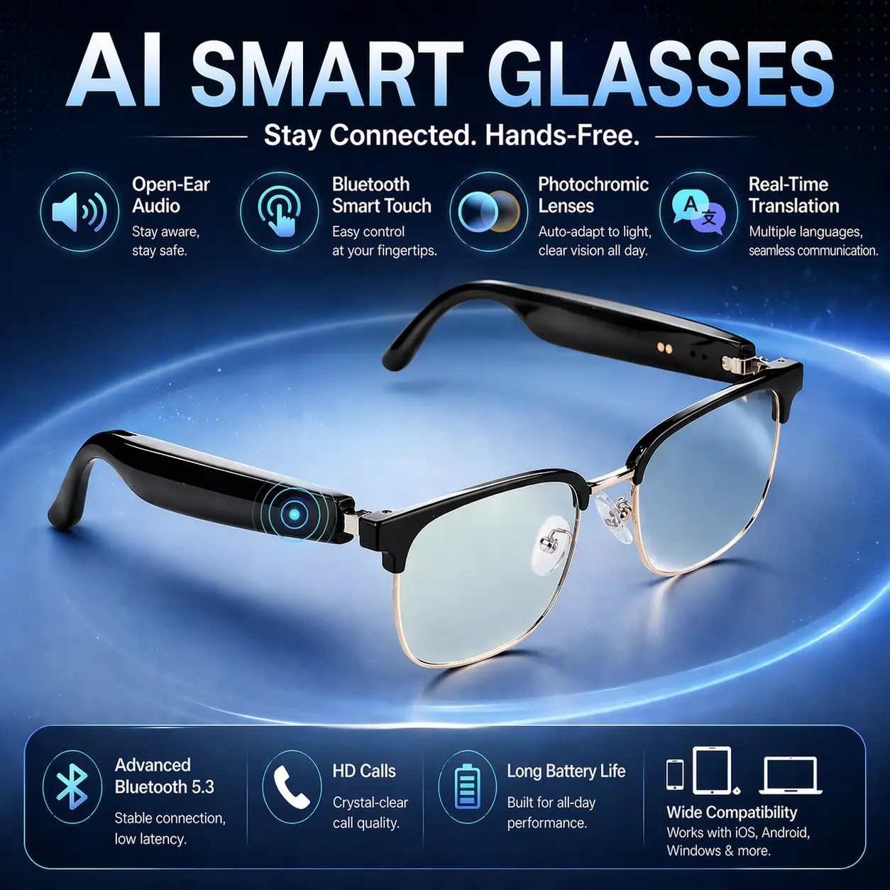 Intelligent Smart Glasses, Wearable AR Smart Glasses with AI Real-Time Translation, Touch Control, Auto-Dim, Bluetooth 5.3 & HD Calls for Travelers, Work (iOS Compatible), Wireless Translation Smart Glasses