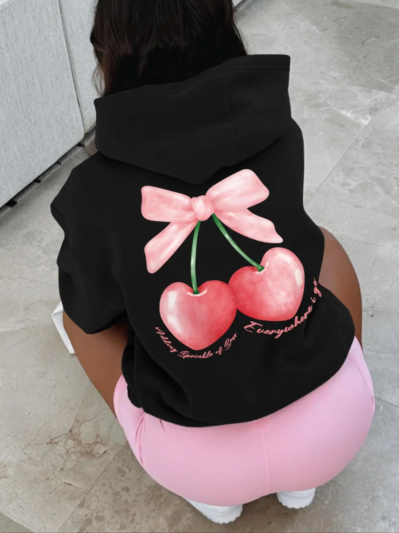 Women's Cherry & Letter Print Thermal Lined Long Sleeve Fitted Hoodie, Fashion Casual Drawstring Pocket Hooded Sweatshirt for Daily Holiday Outdoor Wear, Ladies Clothes for Fall & Winter, Cherry And Letter Hoodie, Graphic Hoodies, Womenswear