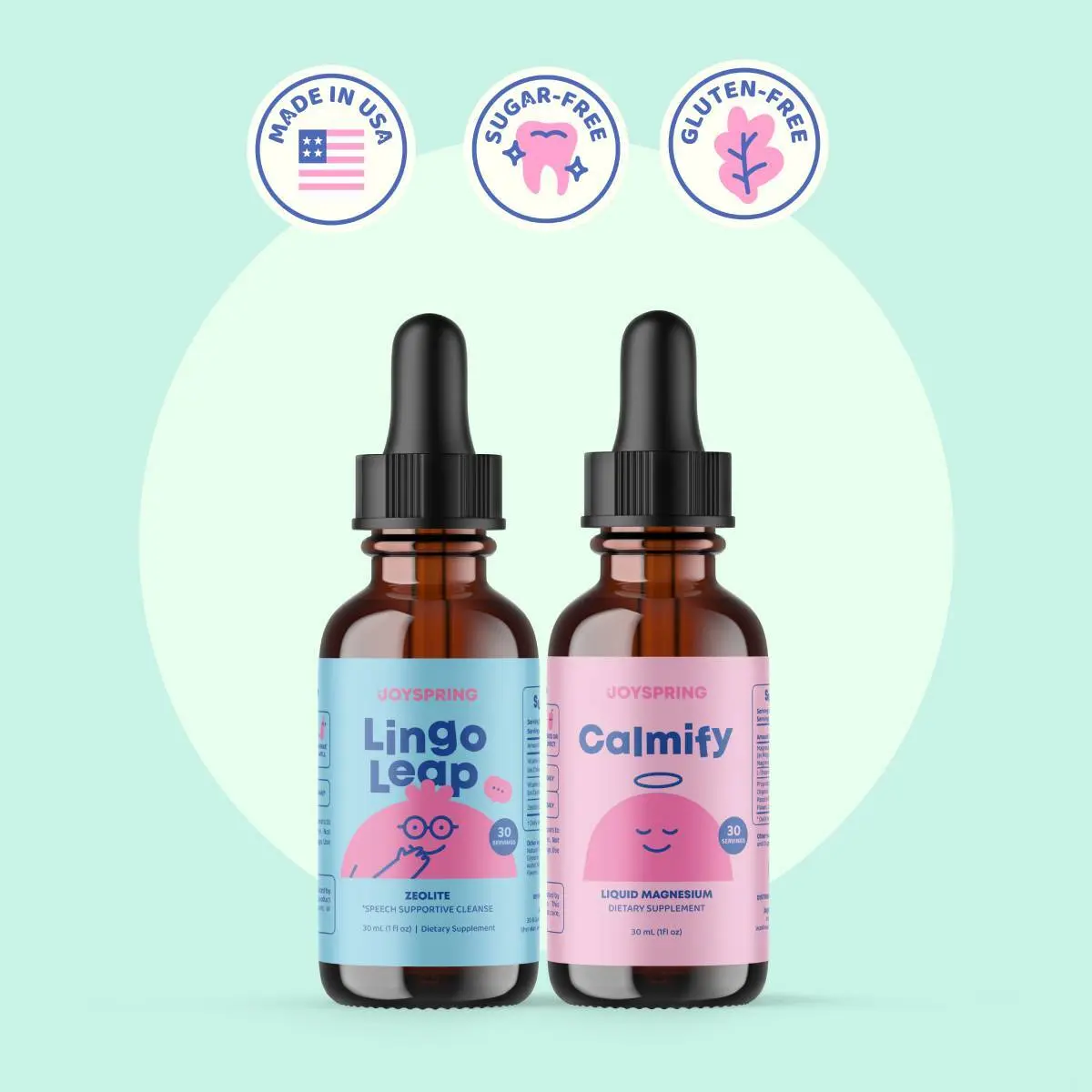 JoySpring Kids Bundle – LingoLeap Zeolite Drops with B Vitamins to Encourage Learning & Speech Development + Calmify Liquid Magnesium Citrate with Chamomile & Passion Flower for Gentle Calm Support