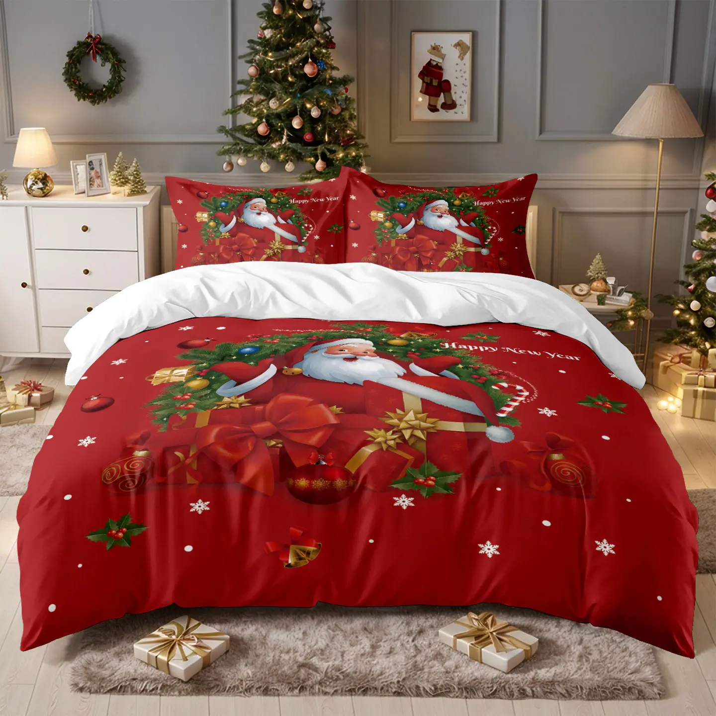 3pcs Christmas Comforter Set, Festive Snowflake Design Bedding with Santa Claus & Gift Box Motifs, Perfect Holiday Home Decor, Decorative Bedding Set