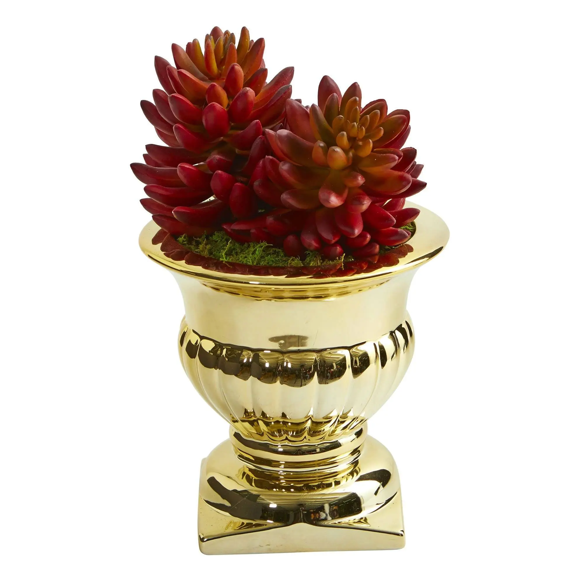 Faux Succulent Synthetic Plant in Shiny Gold Urn - 11in Vibrant Flowers, Statement Home Decor Ornaments for Hall, Table