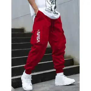 Men's Letter Print Flap Pocket Cuffed Cargo Pants, Regular Fit Casual Street Fashion Drawstring Waist Trousers for Outdoor Wear, Work Pants Men, Men's Bottoms for All Seasons, Leg Joggers, Streetwear Joggers, Workout Joggers,Menswear Red