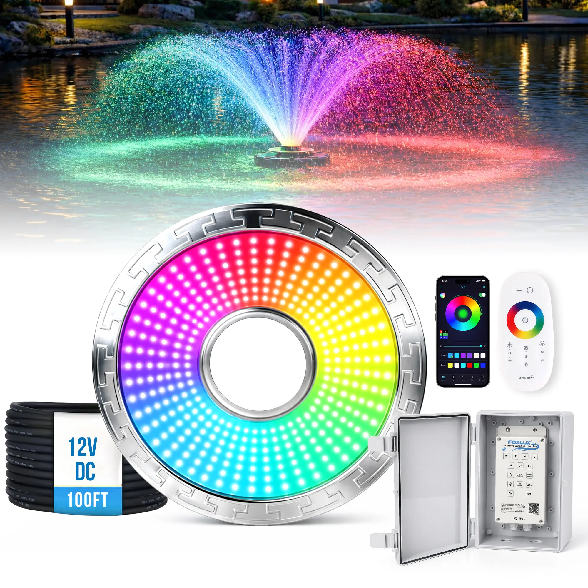 Pond Fountain Aerator Lights（only lights,pump not included）, LED RGB Multicolor Aerator Floating Fountain Light, IP68 Waterproof, AC 120V, 100ft Cable with Controller, APP & Remote Control