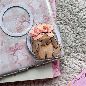 Cute Strawberry Bunny Magnetic Phone Grip, Easter Gift For Her, Cute Griptok, Kawaii Magsafe Kindle Grip, Book Lover sticky mount Pastel Egg Foldable Wireless Flower-Shaped Multi-Functional Stand accessories holder