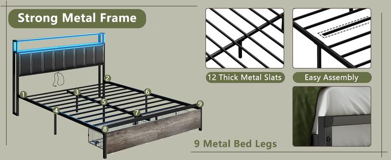 AMERLIFE Bed Frame with 2 Storage Drawers, 2-Tier Storage PU Headboard with Charging Station& LED Lights, No Box Spring Needed/Unique Bedroom Furniture