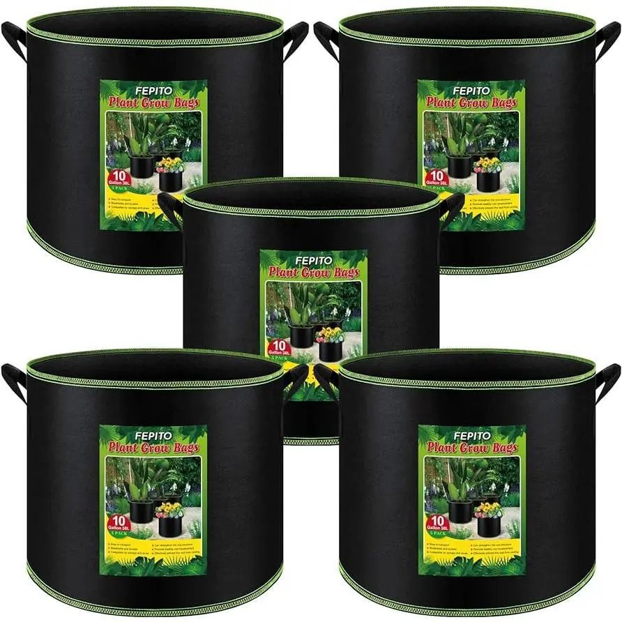 FEPITO 5 Pack 10 Gallon Grow Bags Heavy Duty Aeration Fabric Pots with Handles Thickened Nonwoven for Vegetables Fruits Flowers Portable Garden Planters 16x12.5 Inches, gift Outdoor Planters