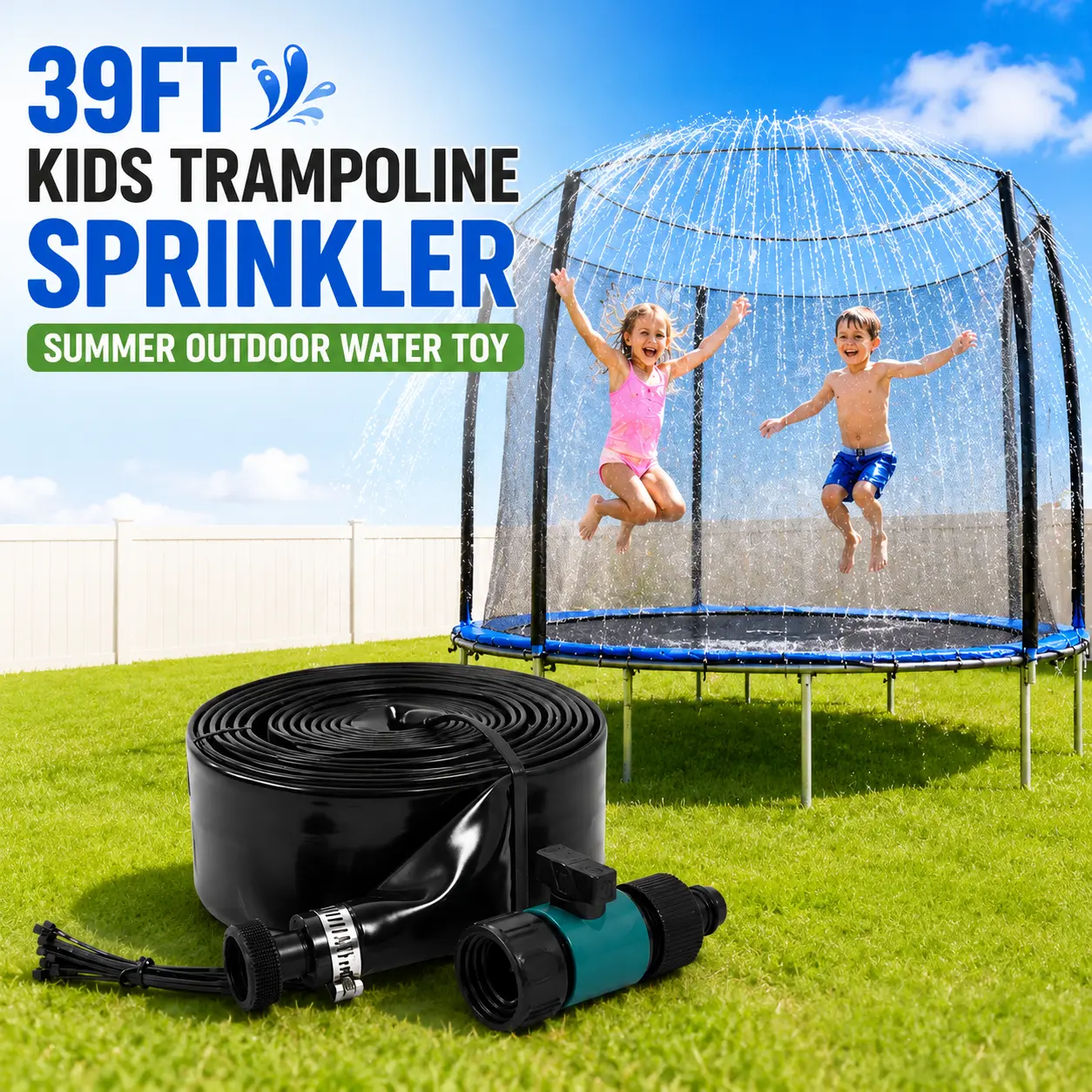 Kids Trampoline Sprinkler, 39ft PVC Water Spray Hose with Misting System to Cool the Trampoline for Summer Outdoor Fun, Easy To Install, Children, Watering, Kids Outdoor Play-2314, Pvc Pipe, Garden Faucet, Mist Cooling, 12M Hose Length, Sprinkler Hose