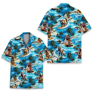 Funny Raccoon Hawaiian Shirt Men Women Blue Beach Island Palm Tree Print Summer Casual Button Up Short Sleeve Vacation Animal Lover Festival Unisex Streetwear Top