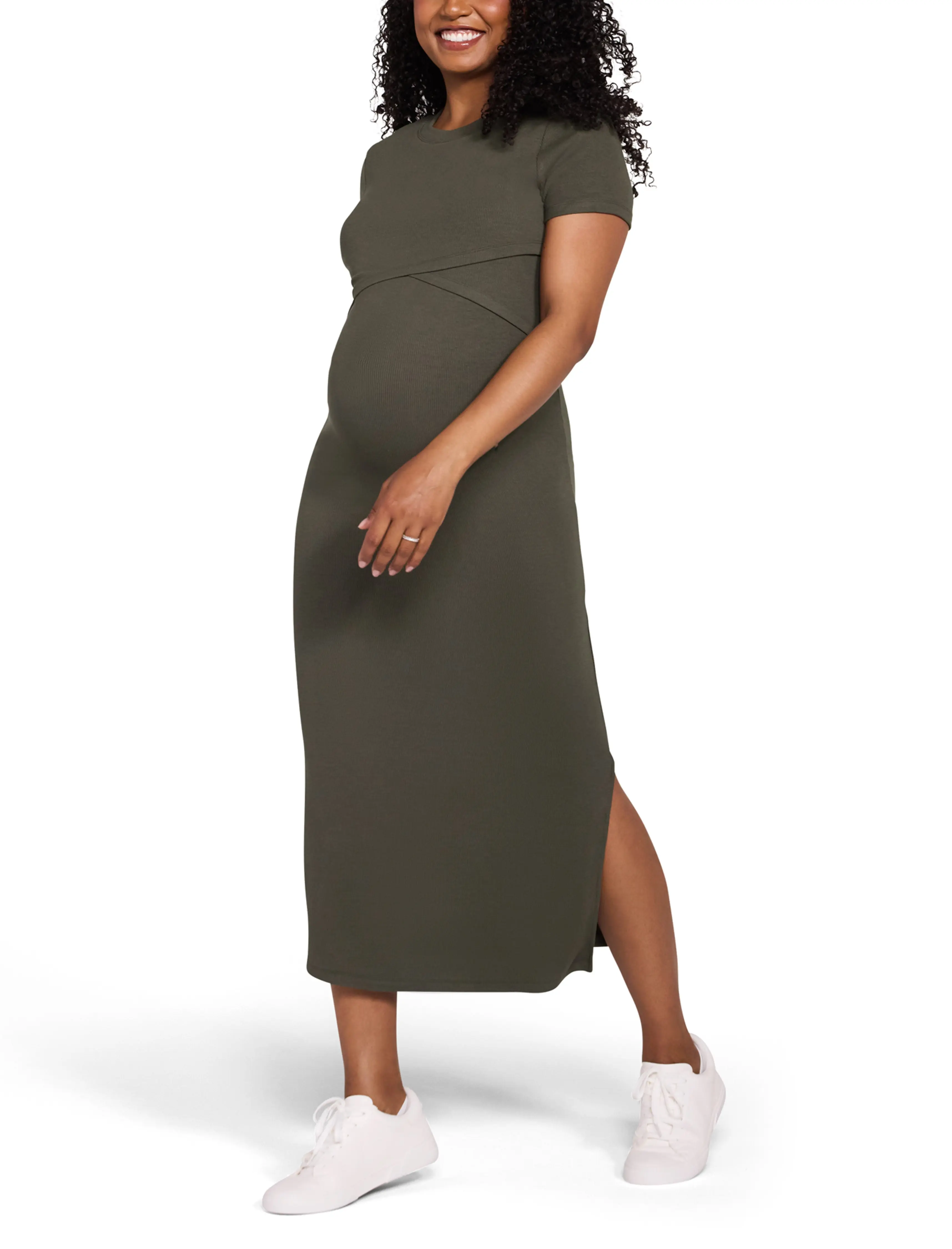 Motherhood Maternity Women's Crew Neck Rib Knit Short Sleeve Nursing Midi Maternity Dress - Pregnancy & Nursing Postpartum Dress