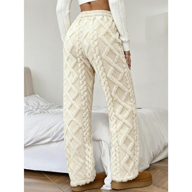 Women's Winter -Lined Casual Pants, Jacquard Fabric, Drawstring Waist, Suitable for Winter Home and Outdoor Wear