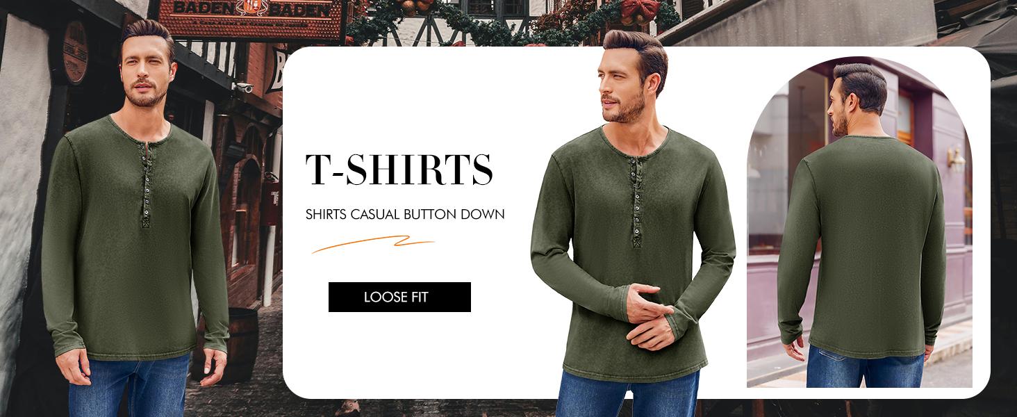 PASLTER Mens Distressed Henley Shirts Retro Long Sleeve Tee Shirts Casual Button Down Washed T-Shirts for Men