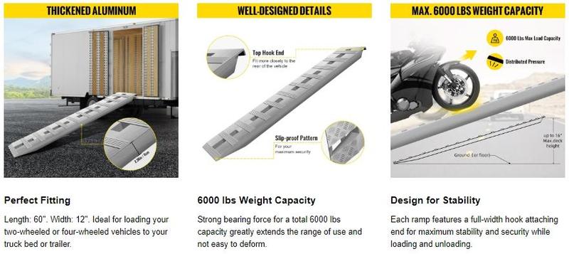 VEVOR Aluminum Trailer Ramps Max 8810LBS Total Beavertail Hook End 1 Pair 2 Ramps Organiser