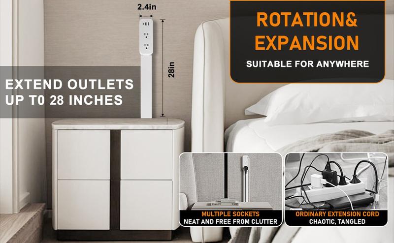 EAZY Outlet Extender with USB-C, USB-A & 2 AC Outlets, 180° Rotating Power Socket Expander, Extendable 18"-28" Wall Plug Adapter for Hard-to-Reach Outlets Behind Couches, Beds, Nightstands & Desks