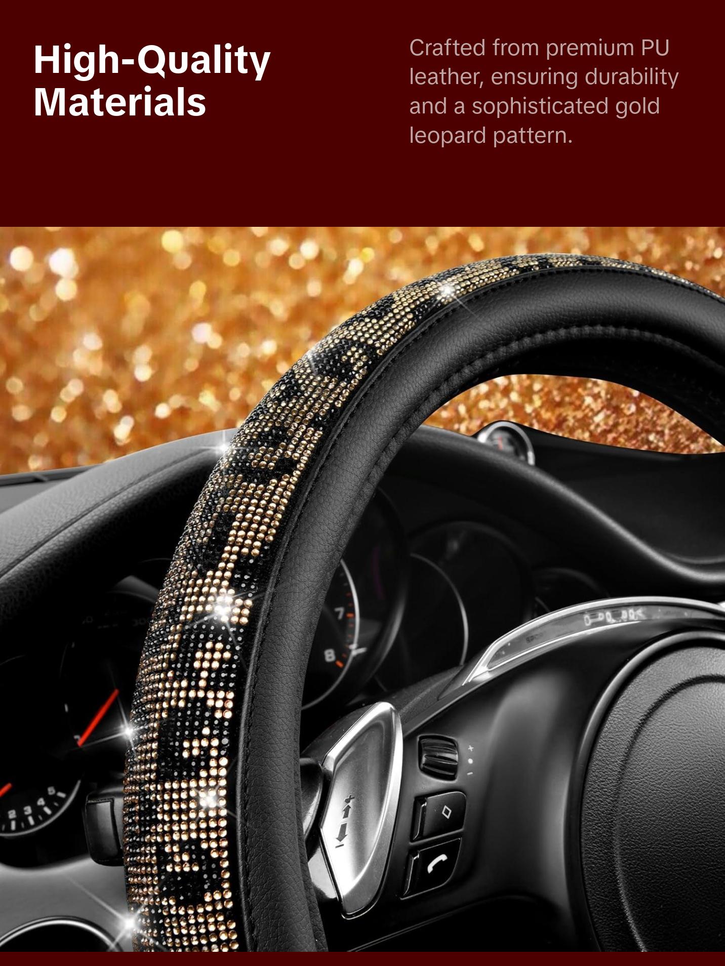 Glamorous Leopard Diamond Steering Wheel Cover - Sparkling Rhinestones & Luxurious Black Leather for Cars, SUVs, and Trucks (Fits 14.5"-15")