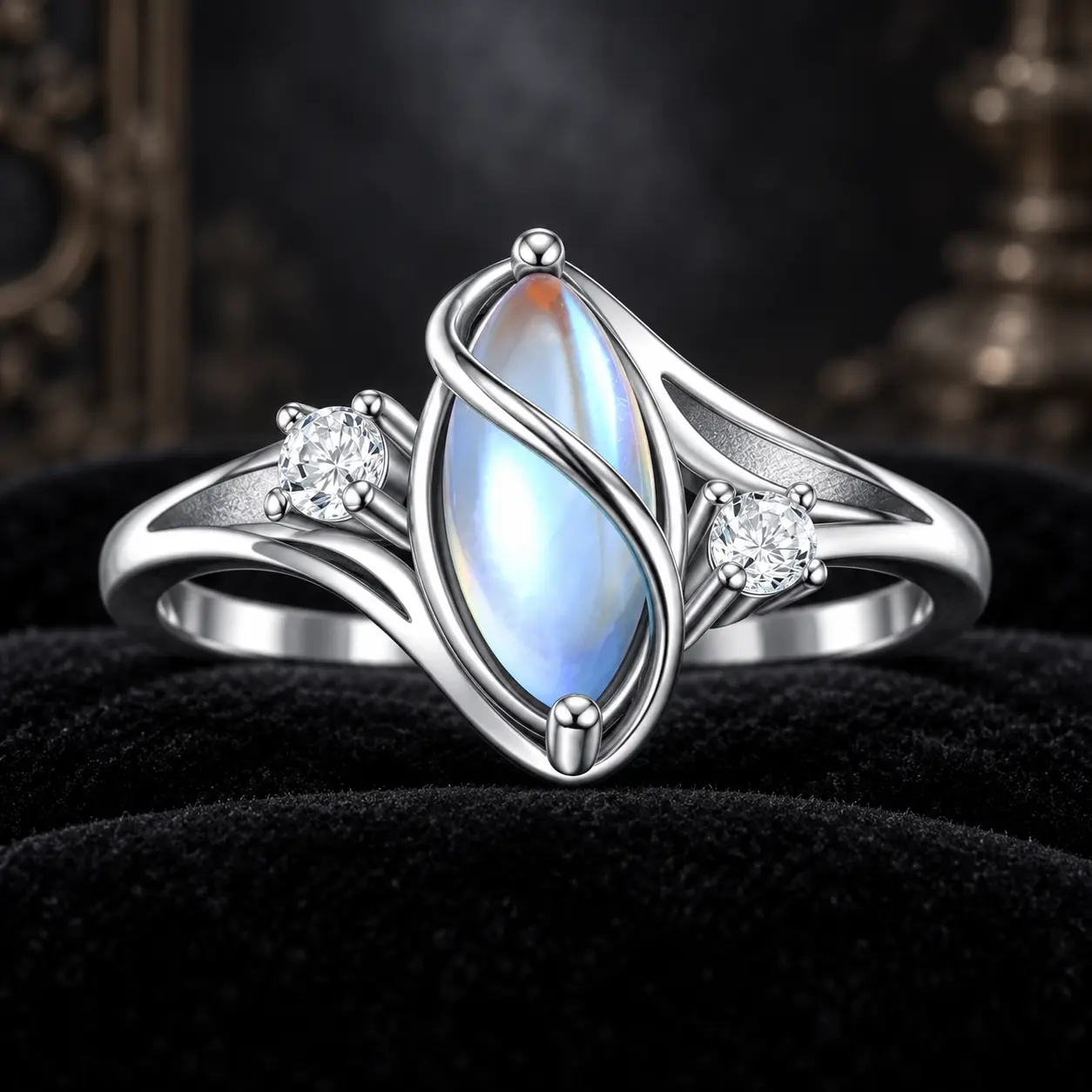 925 Synthetic Moonstone Ring with 5A CZ Accent Design, Elegant Women's Rainbow Stone Jewelry for Girls, Romantic Moon Ring Perfect Gift for Lover as Birthday and Christmas, for Daily Wear and Party,Mother's day Gift