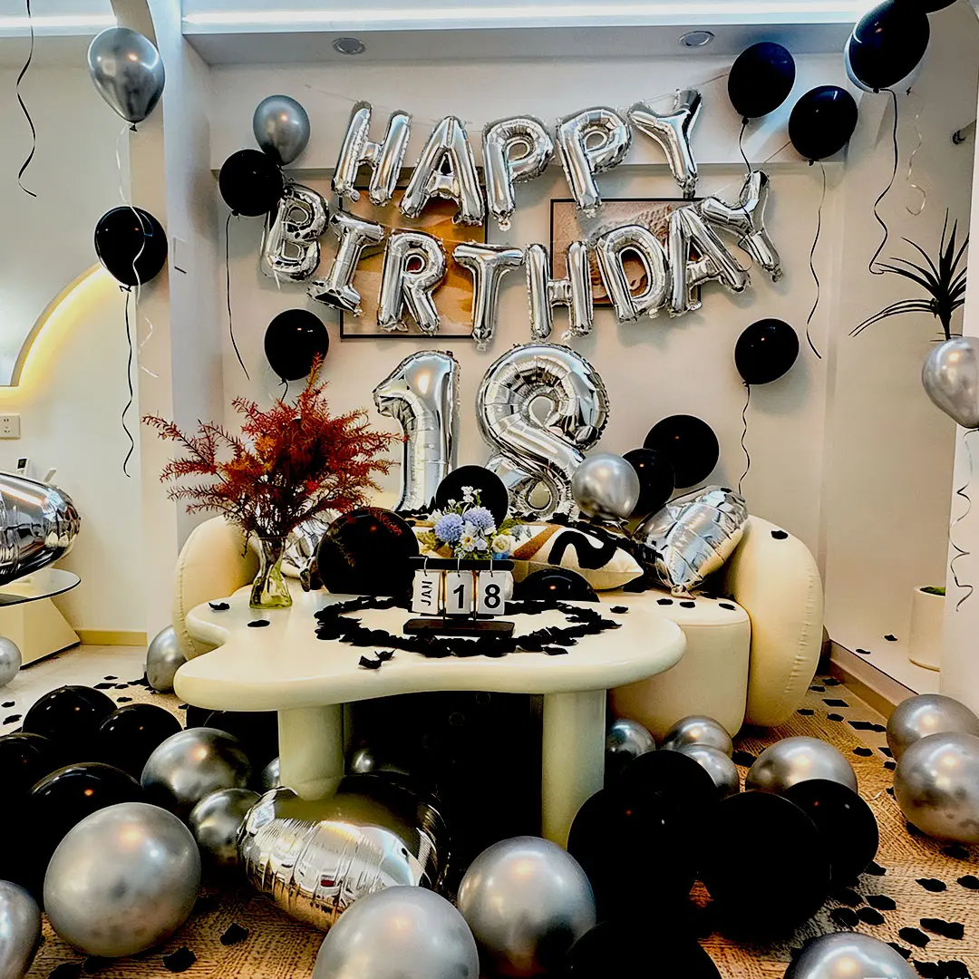 1050pcs Black & Silver Party Decor Kit - Banner, 200 Black Latex Foil Balloons, Shiny Finish Heart Aluminum Foil Balloons, Rose Petals, Birthday Decor Supplies