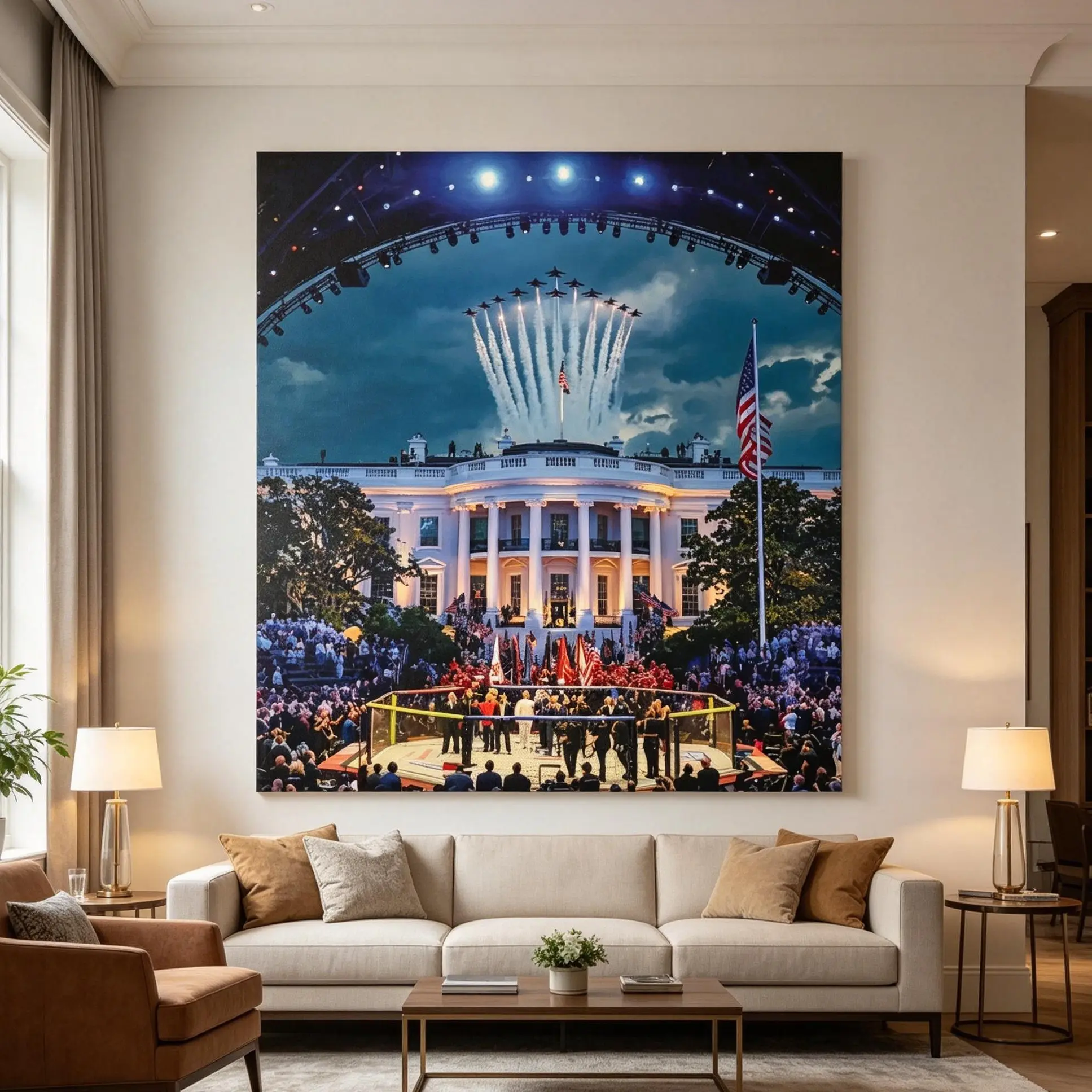 White House Flyover MMA Vertical Matte Poster - Frame Not Included - Fight Night 250 USA Flag Design, UFC-Style Cage Canvas, Military Room Accessories, Cool Living Room House Decor, American Veteran Gift, Patriotic Wall Decor, Cool Stuff For Room