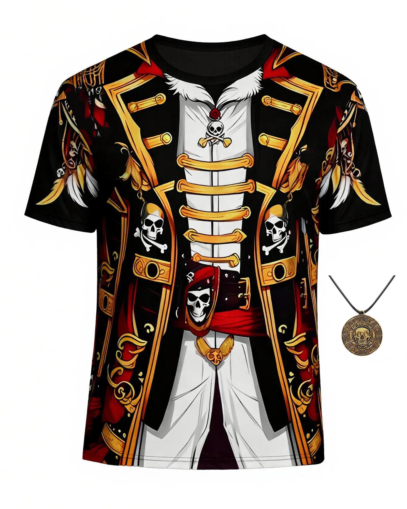 Men's Vintage Pirate Captain Matching Costume Set - Polyester Breathable Short-Sleeve T-Shirt, Skull Coin Necklace, Simple Halloween Party Classic Cosplay Special Occasion Menswear Outfit
