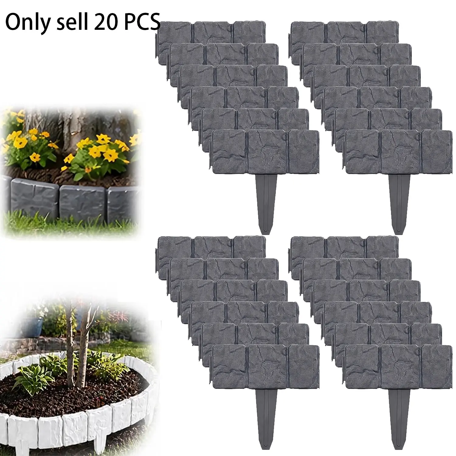 20pcs Stone Effect Plastic Garden Edge Fence, Stone Texture Plastic Garden Border Fence, Durable Flower Bed Frame for Courtyard Decoration, for Small Garden Fence, Patio Decoration, Garden Edging Border, Decorative Garden Fence