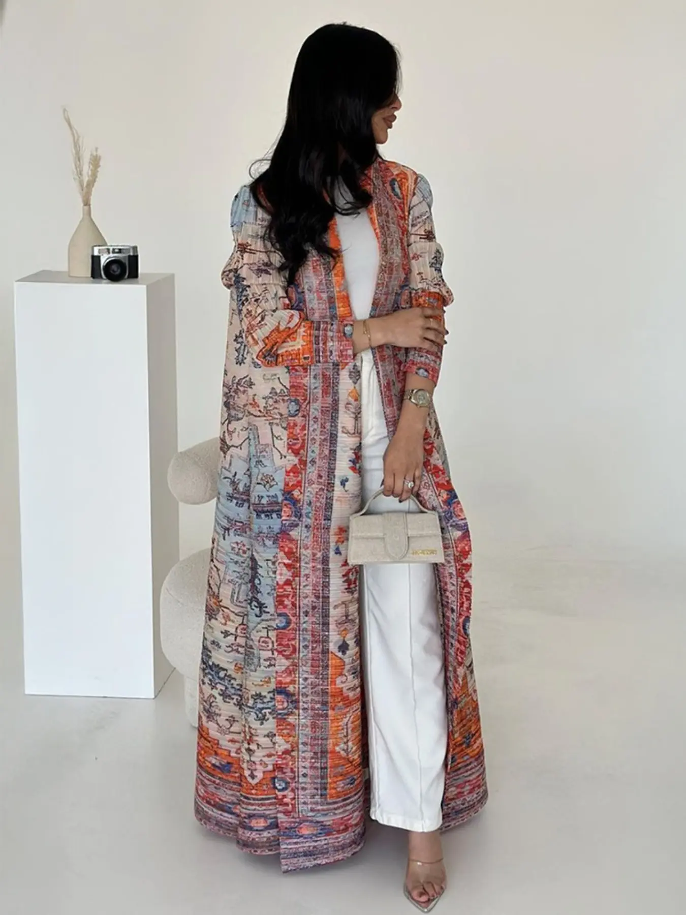 Women's Ruched Ruffled Traditional Ethnic Print Loose Long Robe Windbreaker Abaya Premium Ribbed Woven Abaya Coat - Long Wear Kaftan Dress - All Season Everyday Modest Muslim Fashion Outerwear, Stylish Kaftan Dress (With Belt) Style Clothes Piece