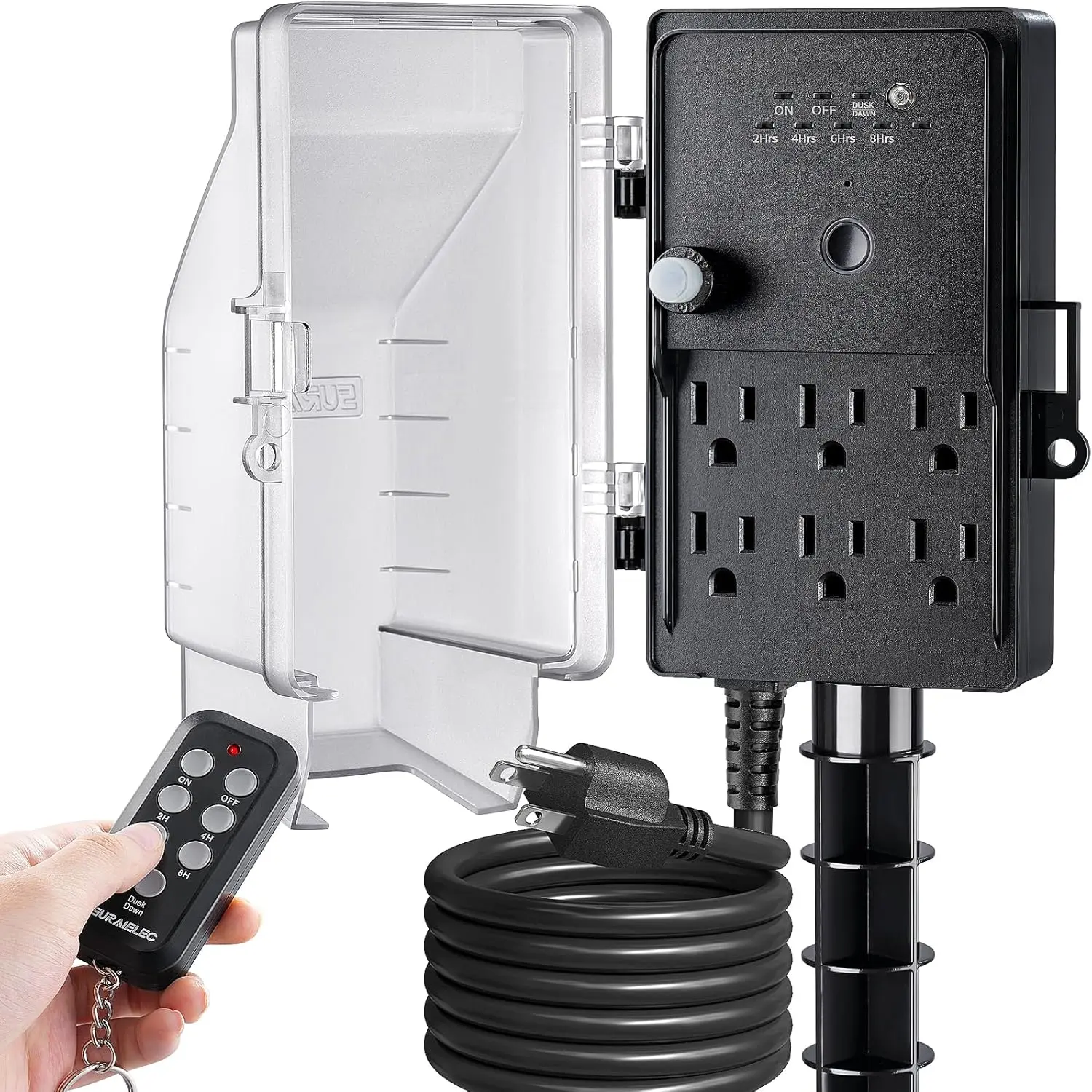 SURAIELEC Waterproof Outdoor Timer Socket with 100FT Wireless On/Off Remote, Dusk-to-Dawn Photocell, 6 Electrical Outlets, 6FT Extension Cord for Halloween Decorations, Outdoor Lights, 100Ft Cable, Rectangular