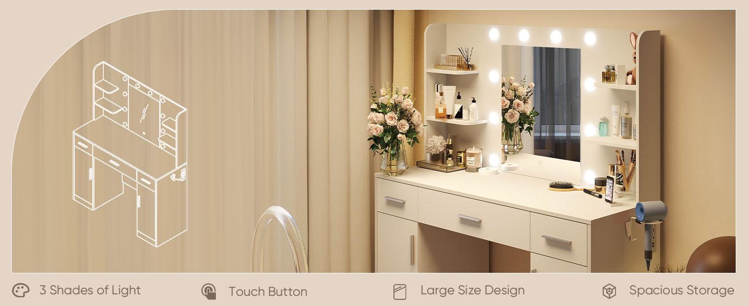 Vanity Desk with Adjustable Lighten Mirror & Power Outlet, Makeup Desk for Bedroom with a Storage Stool and 3 Drawers, 6 Storage Shelves, White Dresser for Girls
