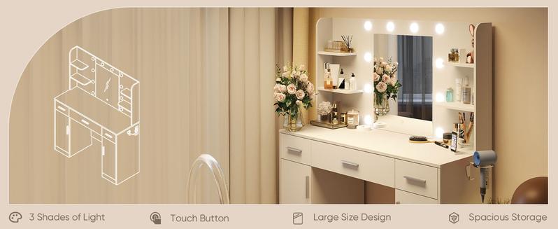 Vanity Desk with Adjustable Lighten Mirror & Power Outlet, Makeup Desk for Bedroom with a Storage Stool and 3 Drawers, 6 Storage Shelves, White Dresser for Girls