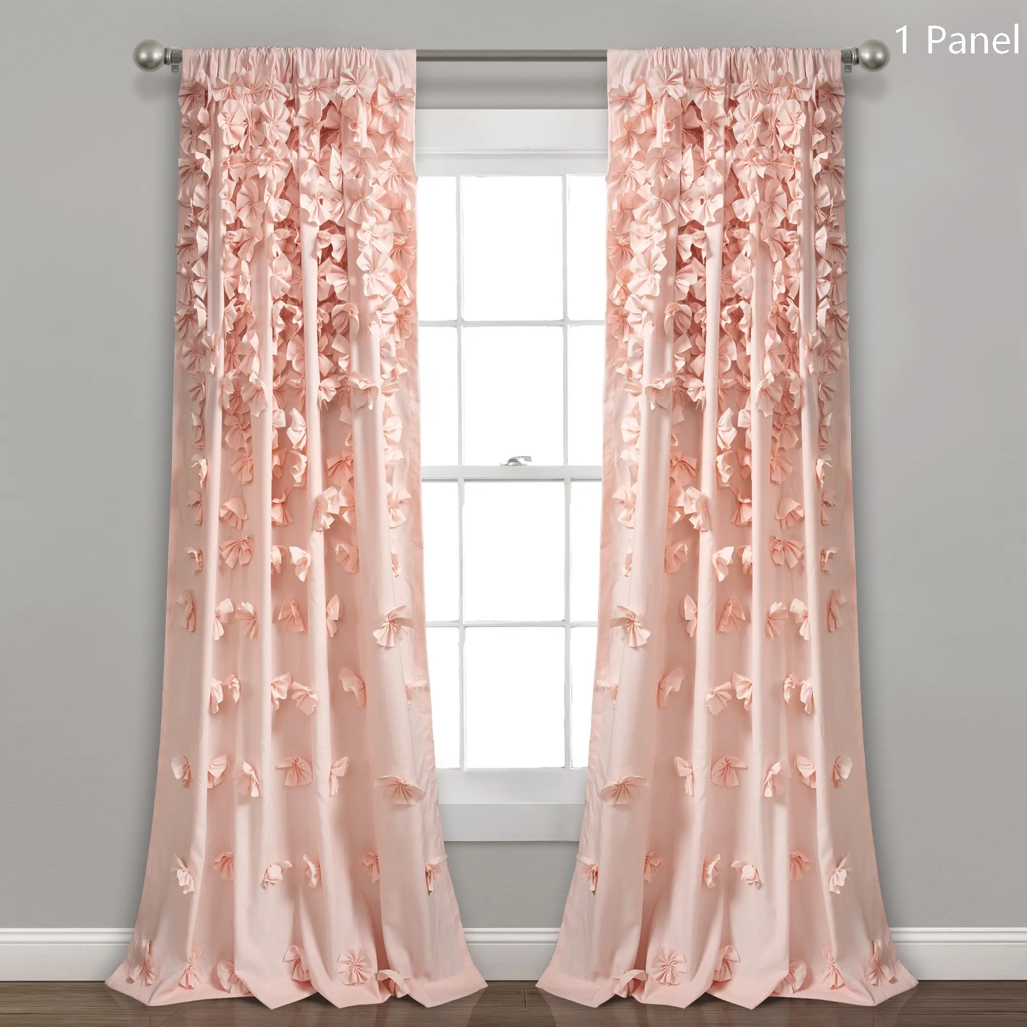 Lush Decor Riley Single Panel Window Curtain - Window Drapes with Princess Aesthetic, Bow Design, Fancy Floral Frame, 3" Rod Pocket, Soft Light Privacy, Sold Individually, 54"W x 45"-120"L