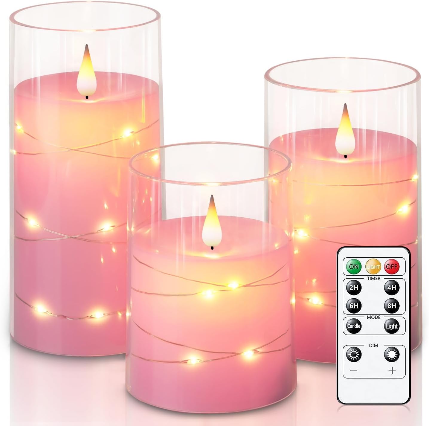 Flickering Flameless Candles with String Fairy Lights Battery Operated LED Candles Unbreakable Plexiglass Pink Set of 3 with Remote Control for Home Decor