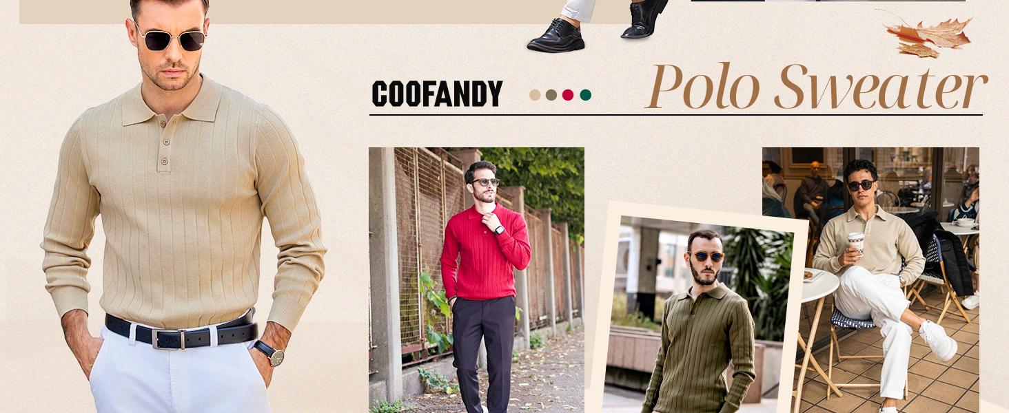 COOFANDY Mens Knit Polo Sweater Long Sleeve Polos Lightweight Casual Dress Pullover Sweaters