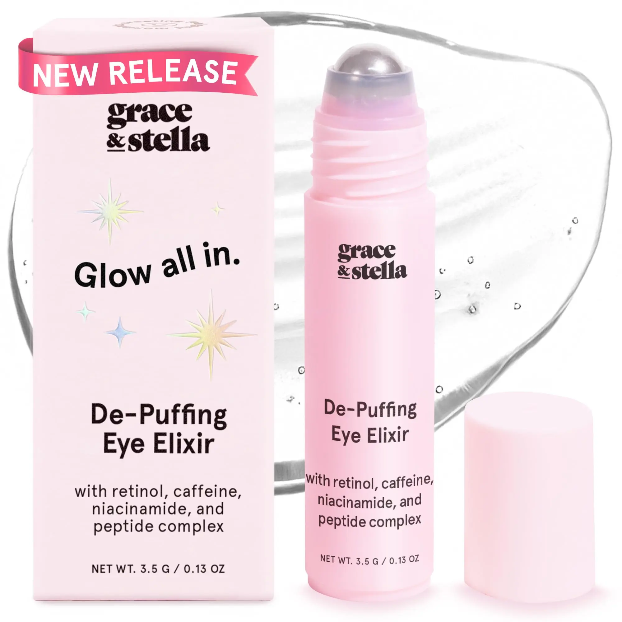 Under Eye Brightener Roller – Retinol Caffeine Serum For Puffiness Dark Circles Fine Lines Hydrating Smoothing Vegan Skincare Hyaluronic Acid Soothing SPF Lightweight Bridesmaids gifts by grace & stella