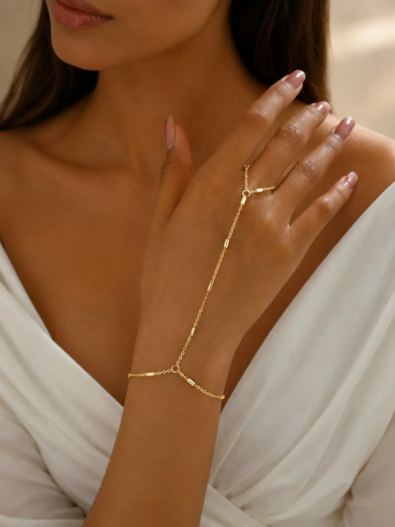 Women Gold Hand Chain Bracelet Ring, Minimalist Bar Bead Finger Bracelet Hand Jewelry for Wedding Party Daily Wear, Alloy Chain Bracelet