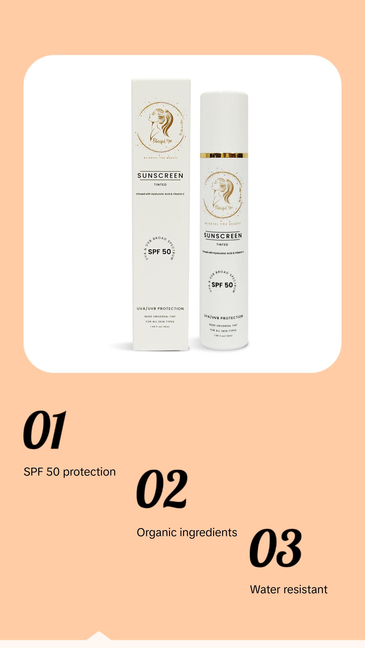 Blissful You Tinted Sunscreen SPF 50 UVA/UVB Protection Broad Spectrum - 50 ml Facial Skincare Aloe Argan bio sun Universal Tinted Moisturizer Sunscreen