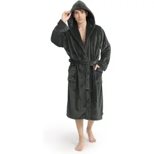 Luxury Men's Hooded Robe, Ultra Cozy Fleece Bathrobe for Men, Plush Robe with Belt and 2 Pockets